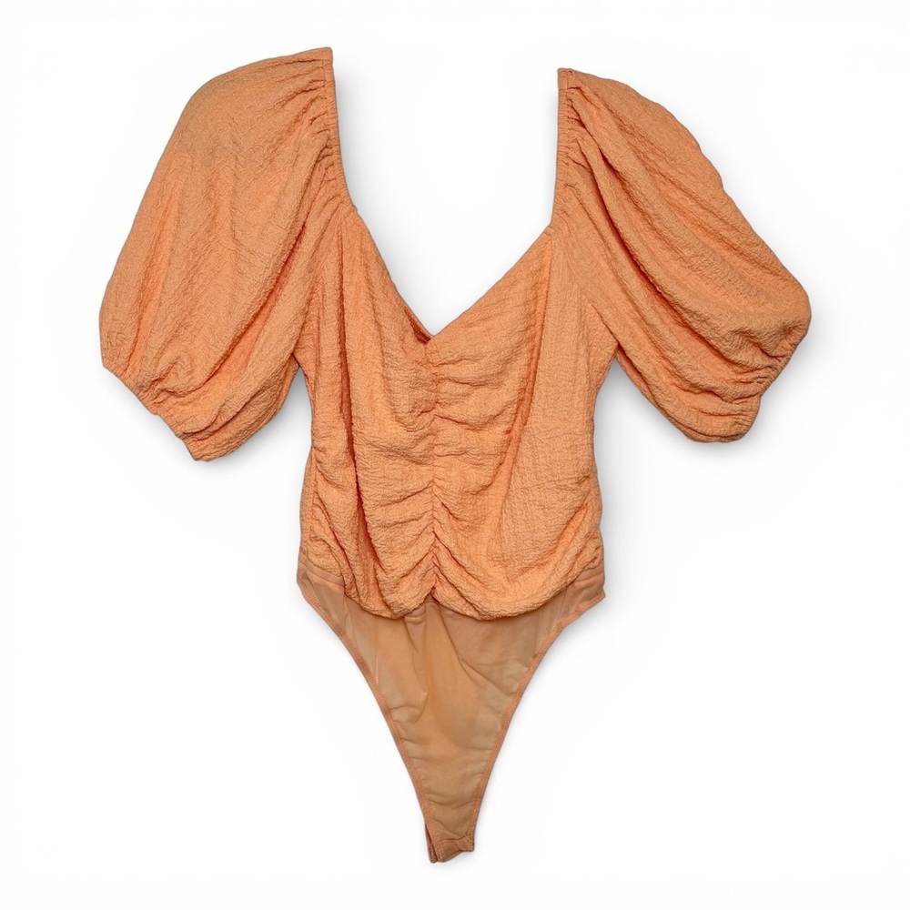 Skylar Rose Peach Puff Sleeve Ruched Bodysuit Romantic Boho Large
